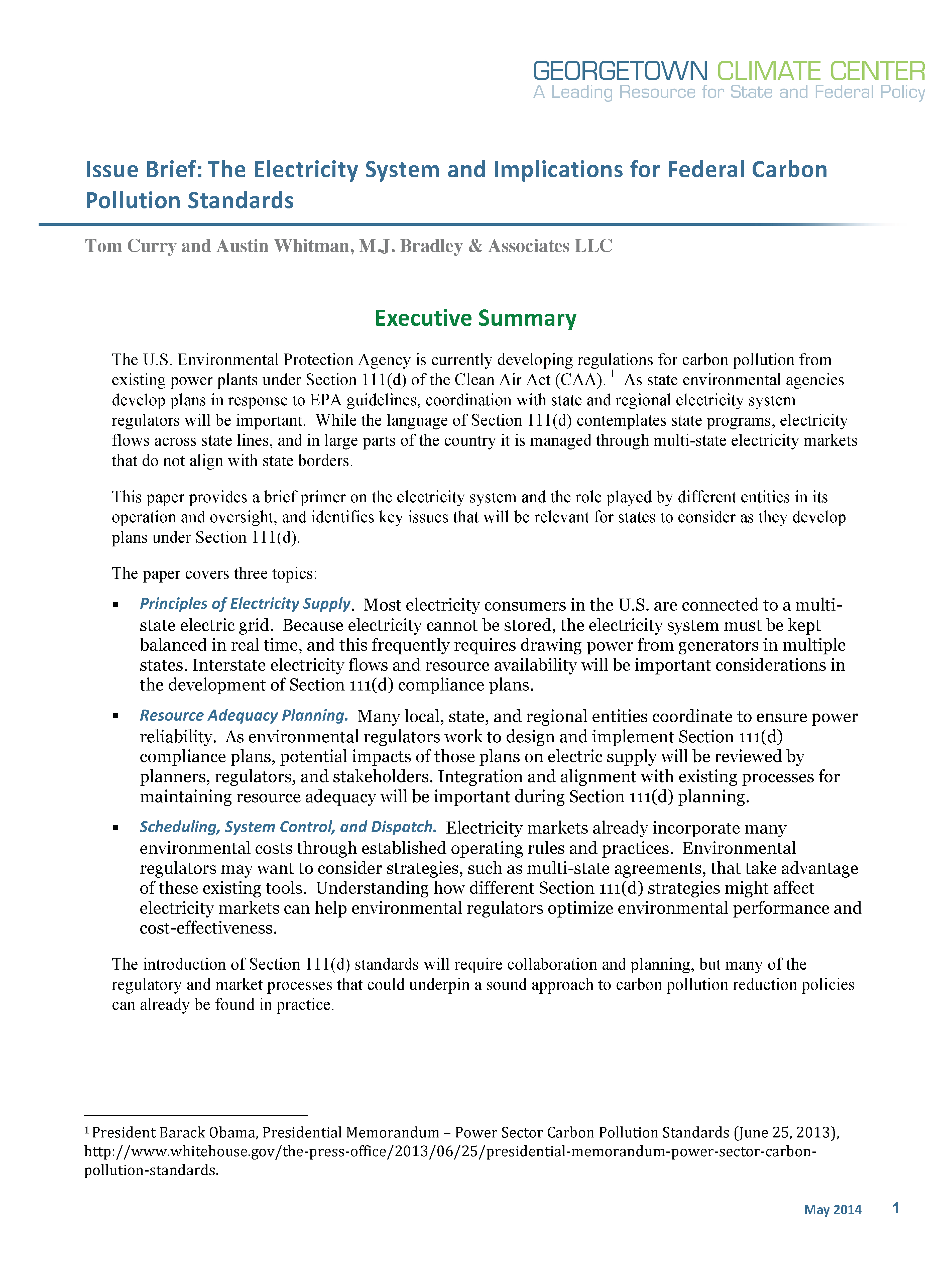 Primer on Structure of the Electric Power System and Implications for Federal Carbon Pollution Standards for Existing Power Plants